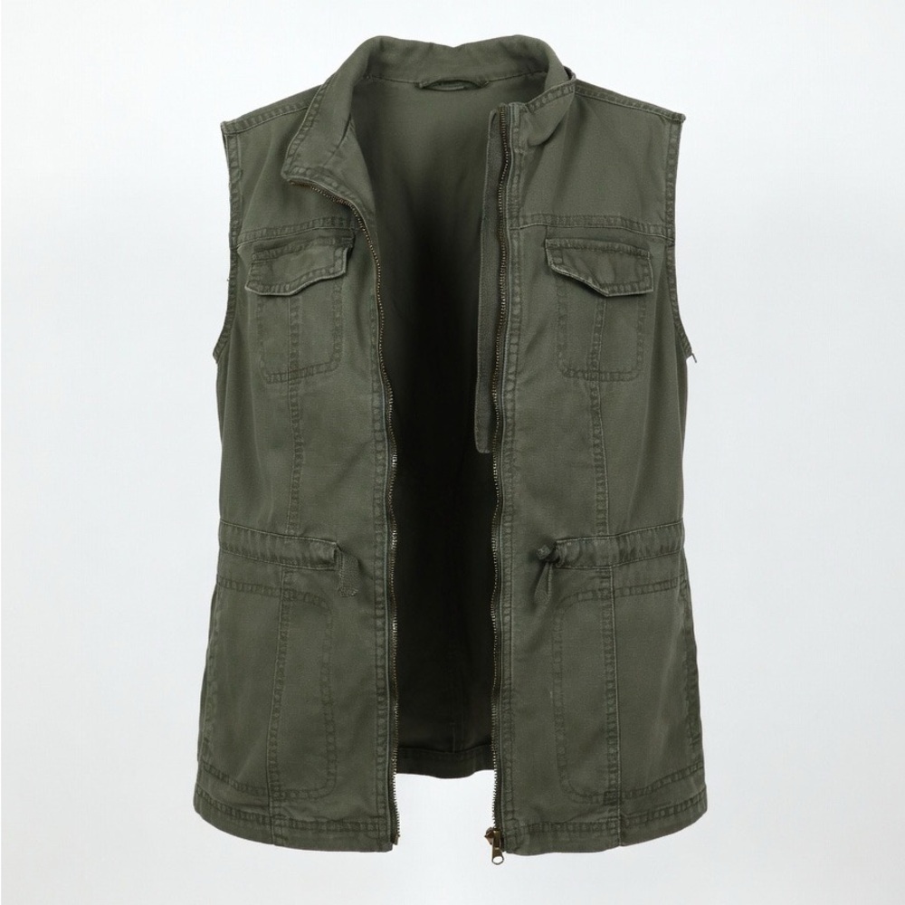 Women's Olive Sleeveless Utility Vest - Lightweight Zip Front